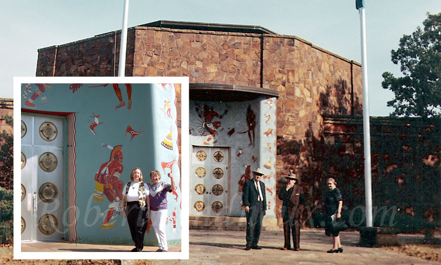 This is a photo of Robert and Gertrude Lindneux with Ben Bond in front of the Woolaroc Museum, in Bartlesville, Oklahoma in 1964. Inset is a photo of Christina Smith and Jackie Millard 42 years later in front of Woolaroc Museum researching the life of Robert Lindneux.