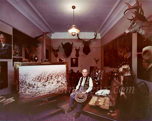 This is a photograph of Robert Lindneux and the collection of art and other memorabilia which he donated to the Colorado Historical Society late in his life.